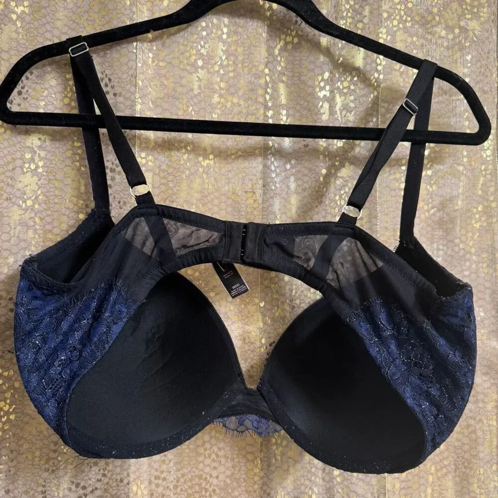 Victorias Secret Very Sexy Pushup Navy Blue Black Lace Rhinestone Bra 38DD